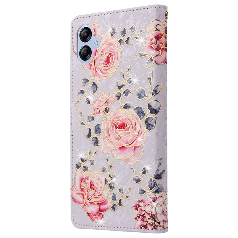 For Samsung Galaxy A04e 4G / F04 4G / M04 4G Case with Hand Strap RFID Blocking Leather Phone Cover - Rose Flower