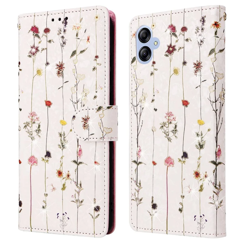 For Samsung Galaxy A04e 4G / F04 4G / M04 4G Case with Hand Strap RFID Blocking Leather Phone Cover - Small Flower