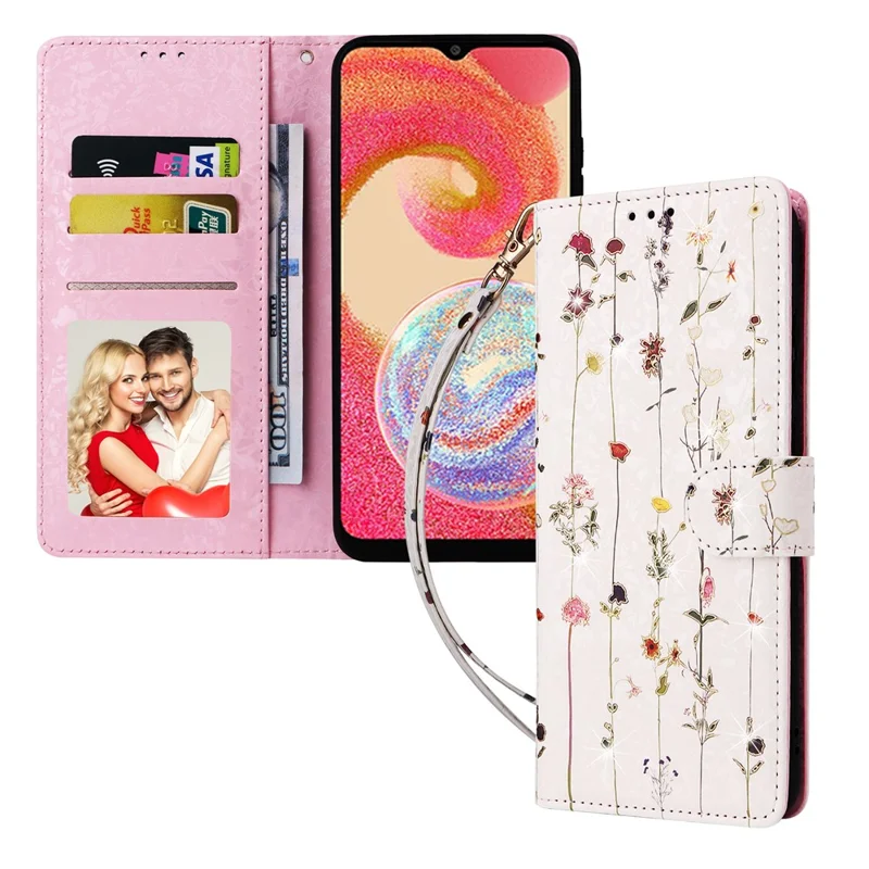 For Samsung Galaxy A04e 4G / F04 4G / M04 4G Case with Hand Strap RFID Blocking Leather Phone Cover - Small Flower