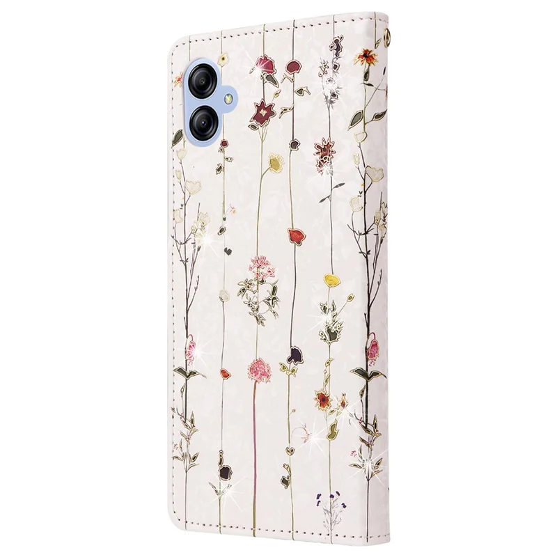For Samsung Galaxy A04e 4G / F04 4G / M04 4G Case with Hand Strap RFID Blocking Leather Phone Cover - Small Flower