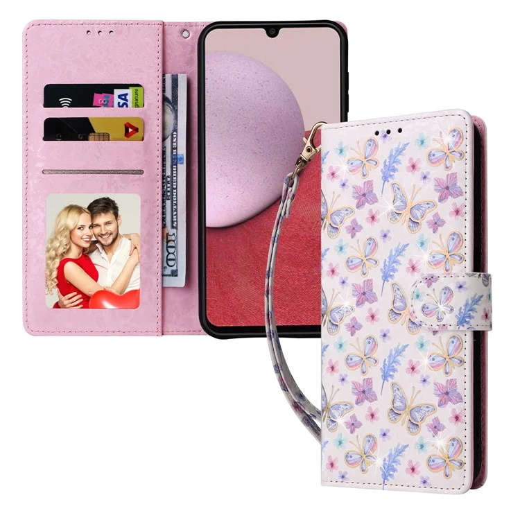 Para el caso del Samsung Galaxy A14 5G RFID Blocking Leather Wallet Pouch Phone Cover - Mariposa Flor