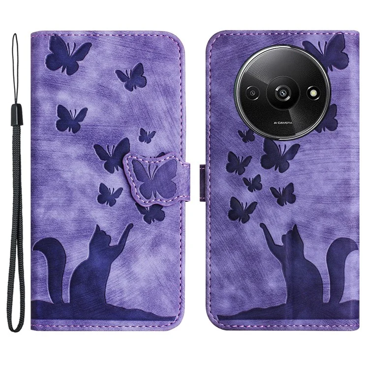 Per Xiaomi Redmi A3 / Poco C61 4G Custodia in Pelle PU Cover per Telefoni con Motivo Farfalle e Gatto - Viola