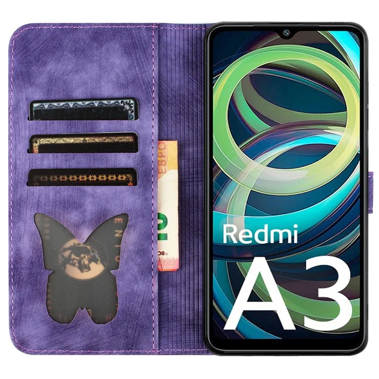 Per Xiaomi Redmi A3 / Poco C61 4G Custodia in Pelle PU Cover per Telefoni con Motivo Farfalle e Gatto - Viola