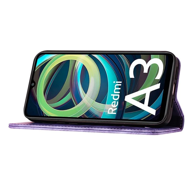 Per Xiaomi Redmi A3 / Poco C61 4G Custodia in Pelle PU Cover per Telefoni con Motivo Farfalle e Gatto - Viola