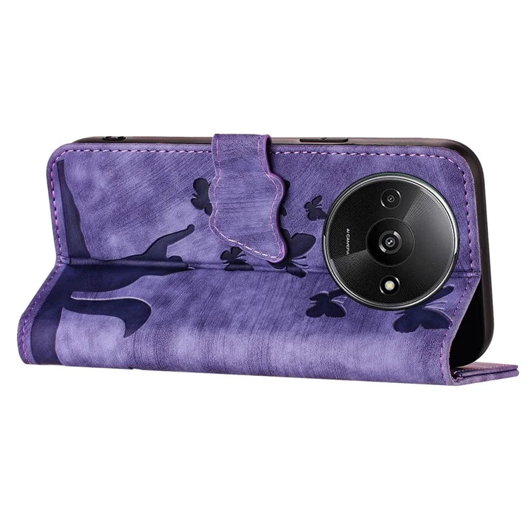 Per Xiaomi Redmi A3 / Poco C61 4G Custodia in Pelle PU Cover per Telefoni con Motivo Farfalle e Gatto - Viola