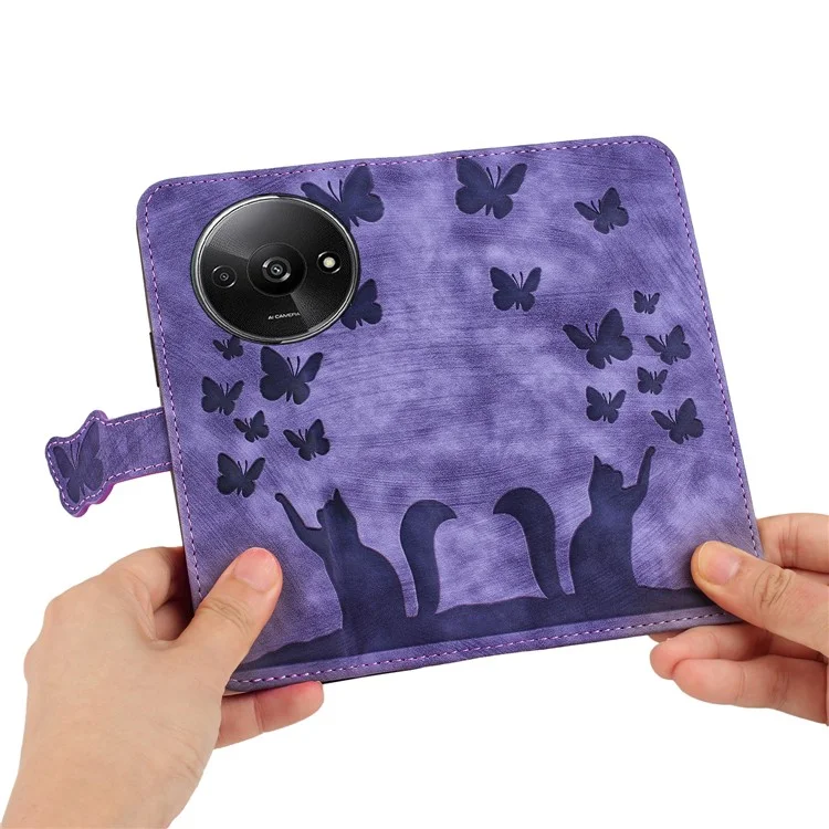 Per Xiaomi Redmi A3 / Poco C61 4G Custodia in Pelle PU Cover per Telefoni con Motivo Farfalle e Gatto - Viola
