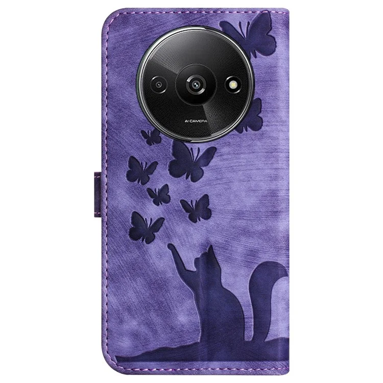 Per Xiaomi Redmi A3 / Poco C61 4G Custodia in Pelle PU Cover per Telefoni con Motivo Farfalle e Gatto - Viola