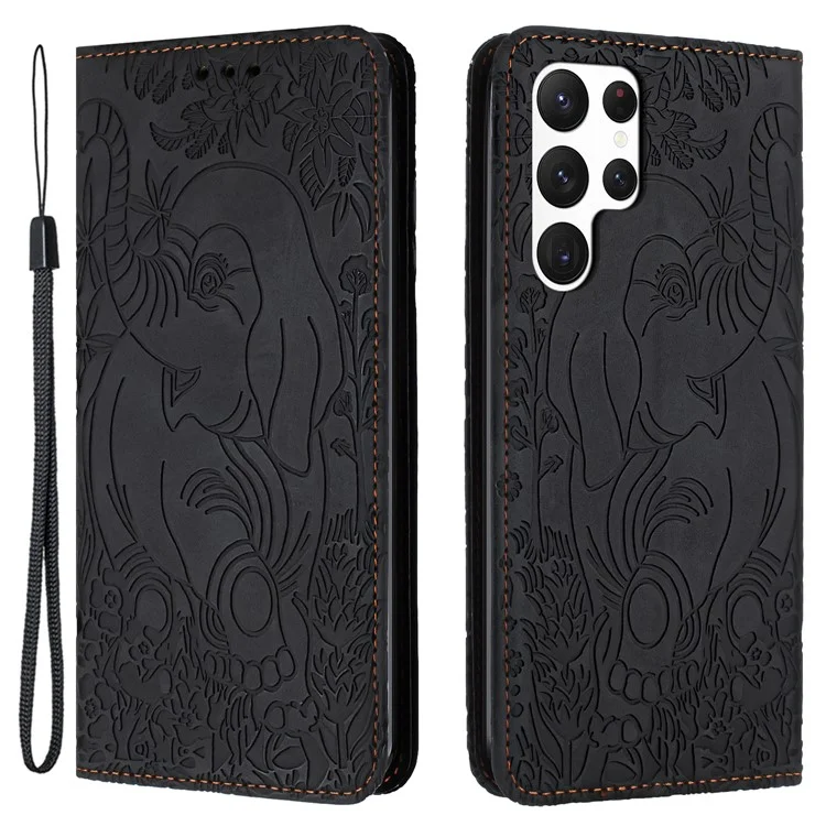 For Samsung Galaxy S23 Ultra Case Elephant Pattern Wallet PU Leather Book Style Phone Cover - Black
