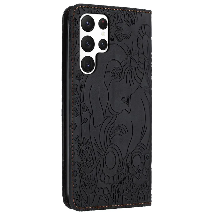 For Samsung Galaxy S23 Ultra Case Elephant Pattern Wallet PU Leather Book Style Phone Cover - Black