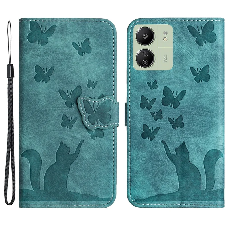 Para Xiaomi Redmi 13C 4G / 5G / 13R 5G / Poco M6 5G / Poco C65 4G Case Cat Butterfly Imprinted Leather Magnetic Clasp Phone Cover - Verde