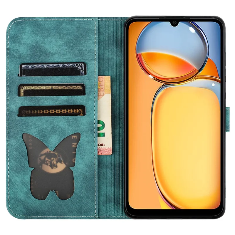 Para Xiaomi Redmi 13C 4G / 5G / 13R 5G / Poco M6 5G / Poco C65 4G Case Cat Butterfly Imprinted Leather Magnetic Clasp Phone Cover - Verde