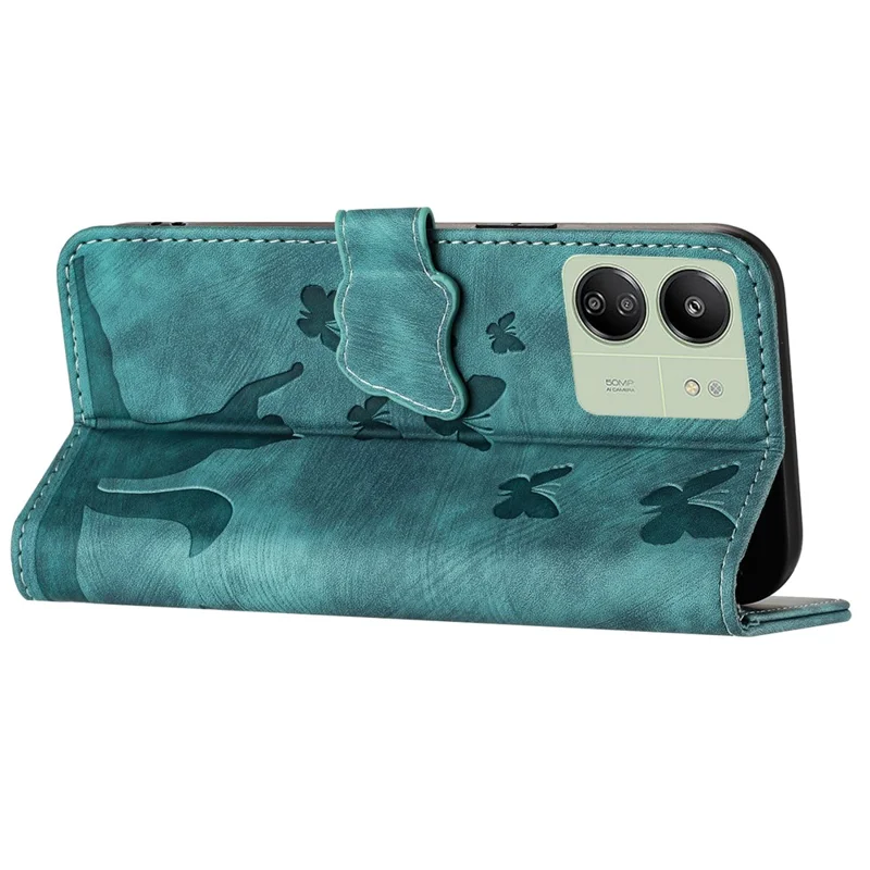 Para Xiaomi Redmi 13C 4G / 5G / 13R 5G / Poco M6 5G / Poco C65 4G Case Cat Butterfly Imprinted Leather Magnetic Clasp Phone Cover - Verde