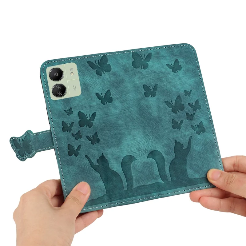 Para Xiaomi Redmi 13C 4G / 5G / 13R 5G / Poco M6 5G / Poco C65 4G Case Cat Butterfly Imprinted Leather Magnetic Clasp Phone Cover - Verde