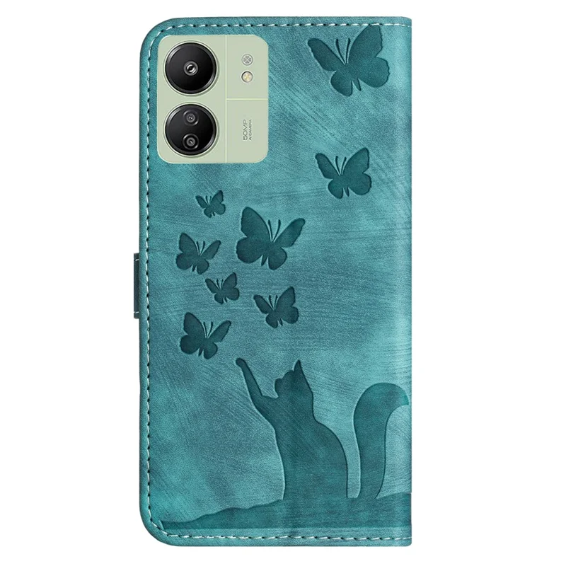 Para Xiaomi Redmi 13C 4G / 5G / 13R 5G / Poco M6 5G / Poco C65 4G Case Cat Butterfly Imprinted Leather Magnetic Clasp Phone Cover - Verde