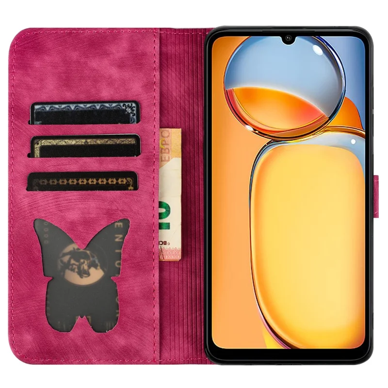 Pour Xiaomi Redmi 13C 4G / 5G / 13R 5G / Poco M6 5G / Poco C65 4G Étui Chat Papillon Imprimé Cuir Fermoir Magnétique Housse de Téléphone - Rose