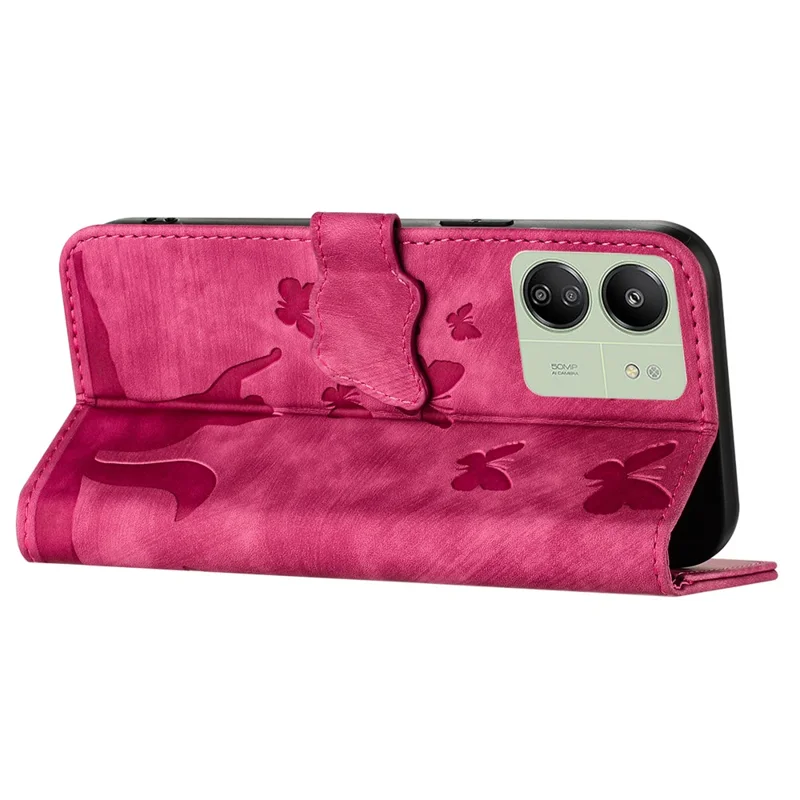 Pour Xiaomi Redmi 13C 4G / 5G / 13R 5G / Poco M6 5G / Poco C65 4G Étui Chat Papillon Imprimé Cuir Fermoir Magnétique Housse de Téléphone - Rose