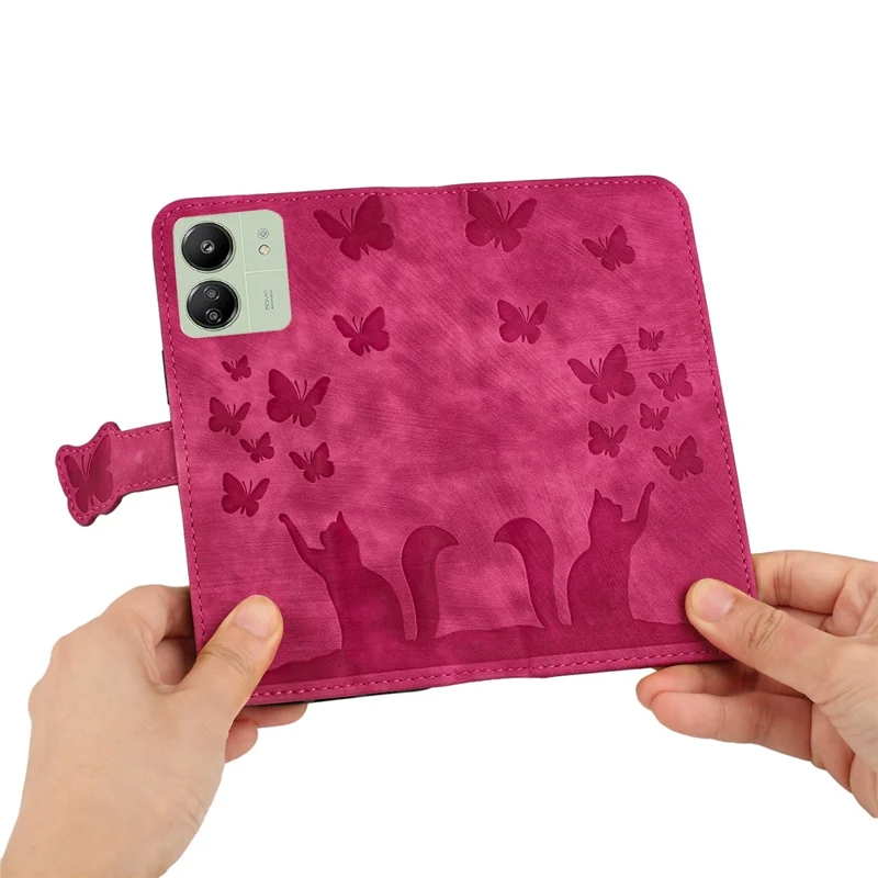 Pour Xiaomi Redmi 13C 4G / 5G / 13R 5G / Poco M6 5G / Poco C65 4G Étui Chat Papillon Imprimé Cuir Fermoir Magnétique Housse de Téléphone - Rose