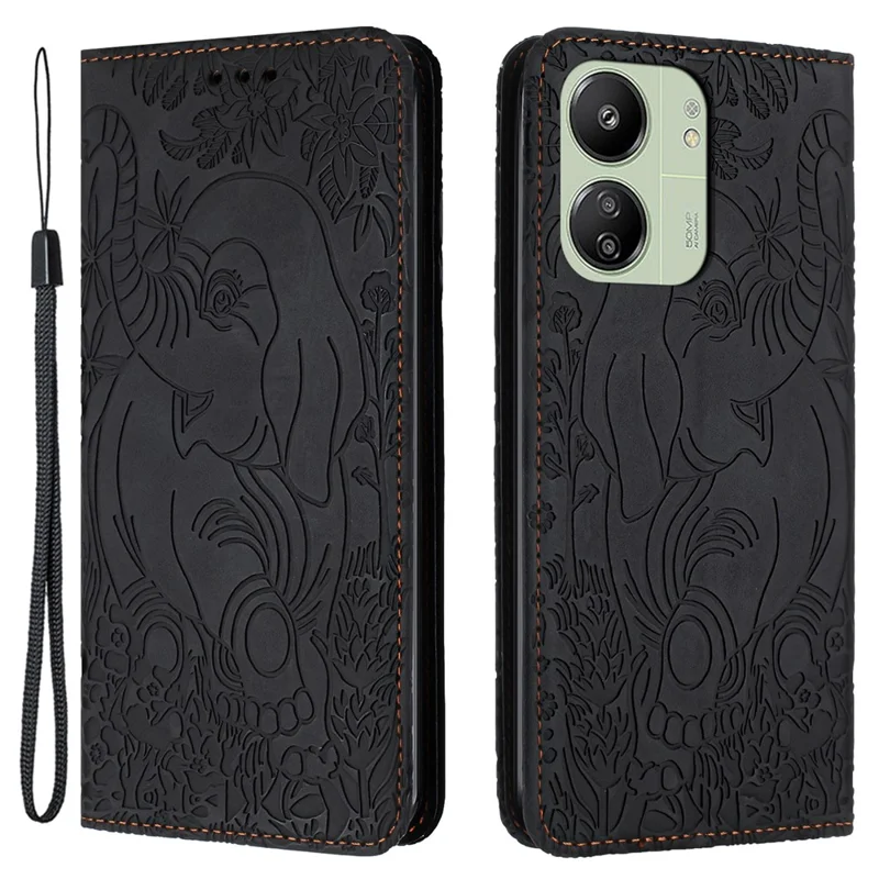 For Xiaomi Redmi 13C 4G / 5G / 13R 5G / Poco M6 5G / Poco C65 4G Wallet Case Elephant Pattern Leather Phone Cover - Black