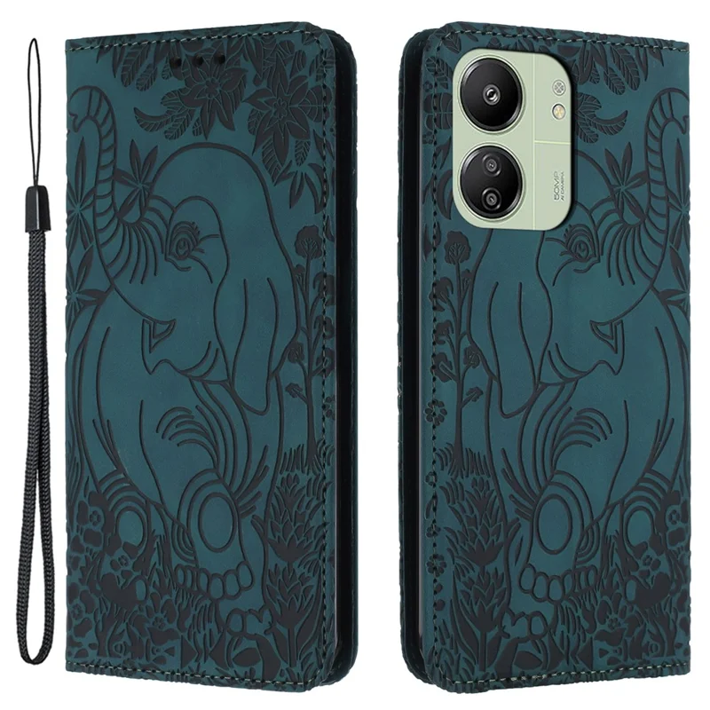 For Xiaomi Redmi 13C 4G / 5G / 13R 5G / Poco M6 5G / Poco C65 4G Wallet Case Elephant Pattern Leather Phone Cover - Green