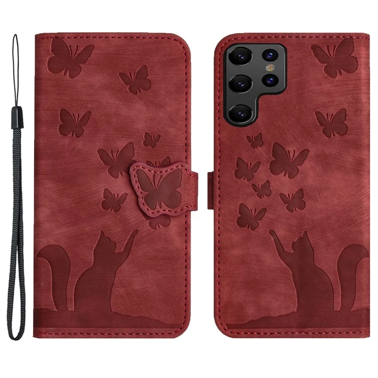 Per Samsung Galaxy S23 Ultra Case Wallet Card Holder Leather Phone Cover Cat Butterfly Imprinted - Rosso