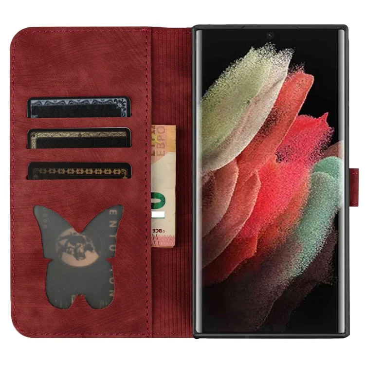 Per Samsung Galaxy S23 Ultra Case Wallet Card Holder Leather Phone Cover Cat Butterfly Imprinted - Rosso