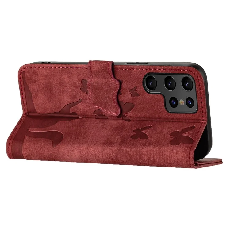Per Samsung Galaxy S23 Ultra Case Wallet Card Holder Leather Phone Cover Cat Butterfly Imprinted - Rosso