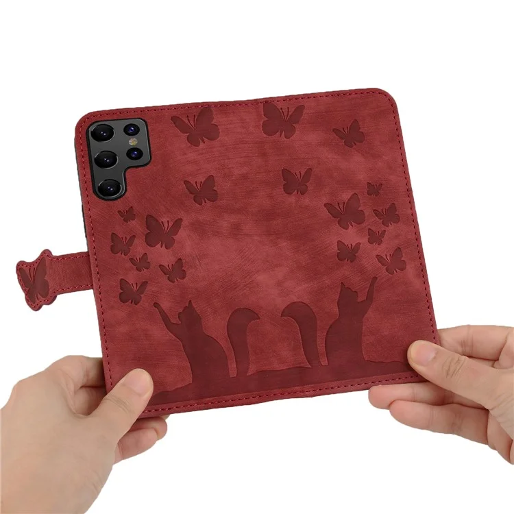 Per Samsung Galaxy S23 Ultra Case Wallet Card Holder Leather Phone Cover Cat Butterfly Imprinted - Rosso