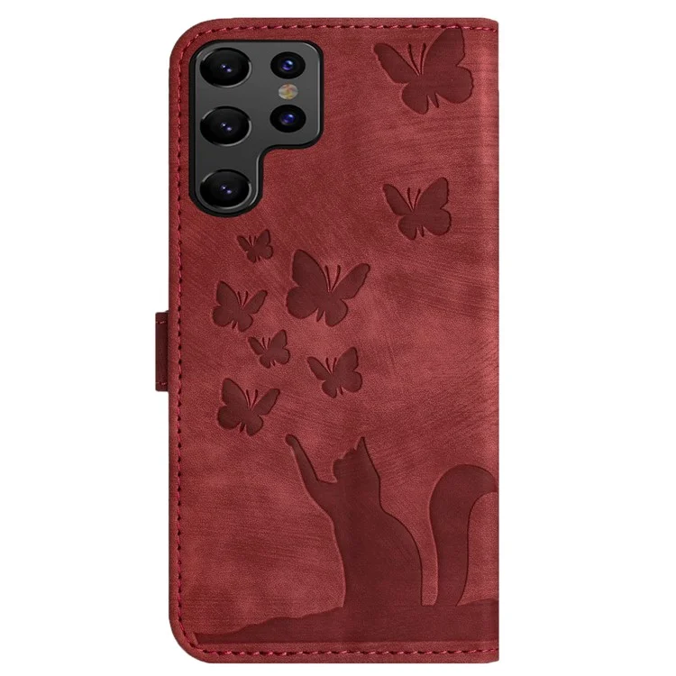 Per Samsung Galaxy S23 Ultra Case Wallet Card Holder Leather Phone Cover Cat Butterfly Imprinted - Rosso