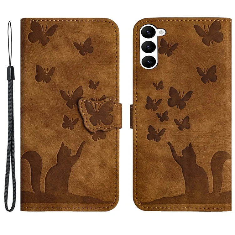 Für Samsung Galaxy S23 Case Butterfly Cat Imprinting Leder-Folio-Telefonhülle - Braun