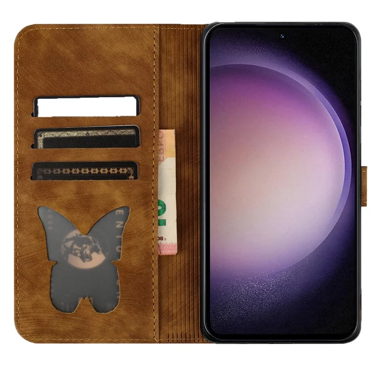 Für Samsung Galaxy S23 Case Butterfly Cat Imprinting Leder-Folio-Telefonhülle - Braun