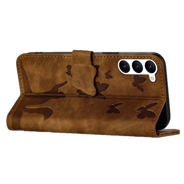 Für Samsung Galaxy S23 Case Butterfly Cat Imprinting Leder-Folio-Telefonhülle - Braun