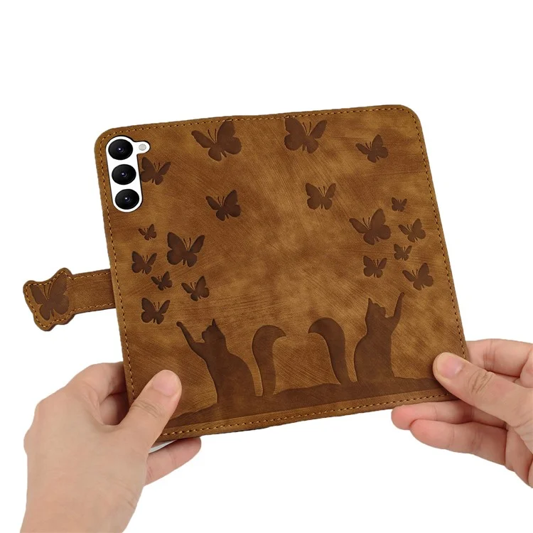 Für Samsung Galaxy S23 Case Butterfly Cat Imprinting Leder-Folio-Telefonhülle - Braun