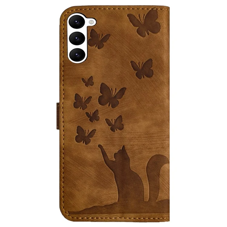 Für Samsung Galaxy S23 Case Butterfly Cat Imprinting Leder-Folio-Telefonhülle - Braun