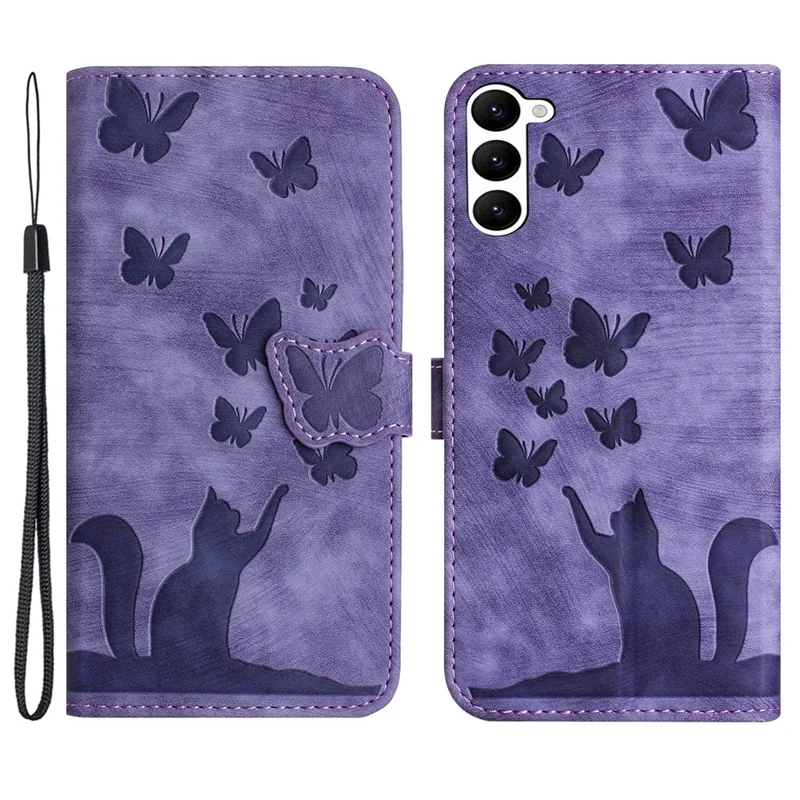 For Samsung Galaxy S23 Case Butterfly Cat Imprinting Leather Folio Phone Cover - Purple