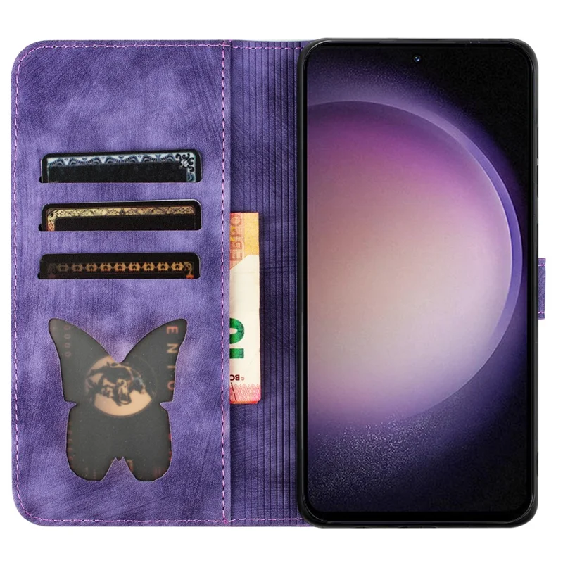 For Samsung Galaxy S23 Case Butterfly Cat Imprinting Leather Folio Phone Cover - Purple