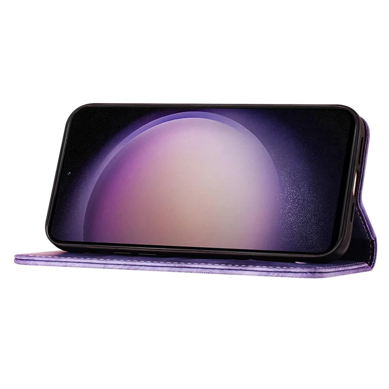 For Samsung Galaxy S23 Case Butterfly Cat Imprinting Leather Folio Phone Cover - Purple