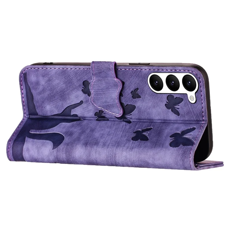 For Samsung Galaxy S23 Case Butterfly Cat Imprinting Leather Folio Phone Cover - Purple