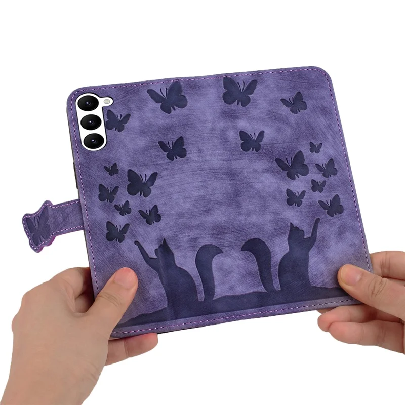 For Samsung Galaxy S23 Case Butterfly Cat Imprinting Leather Folio Phone Cover - Purple