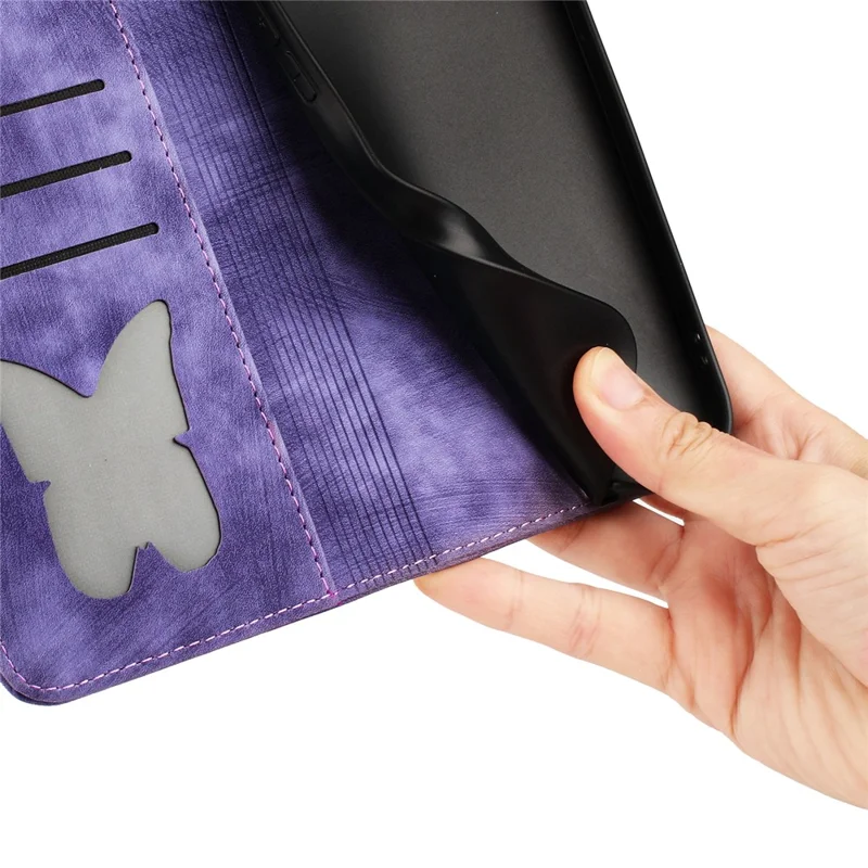 For Samsung Galaxy S23 Case Butterfly Cat Imprinting Leather Folio Phone Cover - Purple