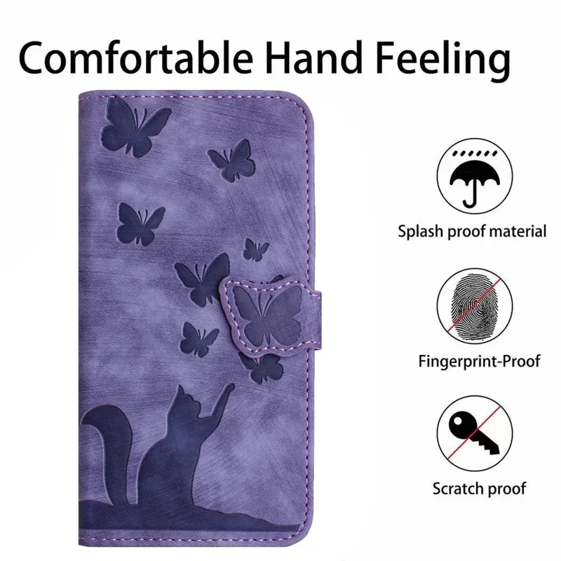 For Samsung Galaxy S23 Case Butterfly Cat Imprinting Leather Folio Phone Cover - Purple