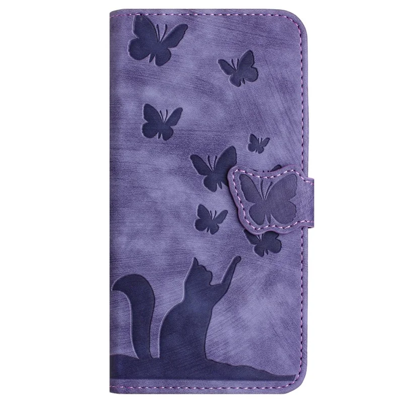 For Samsung Galaxy S23 Case Butterfly Cat Imprinting Leather Folio Phone Cover - Purple