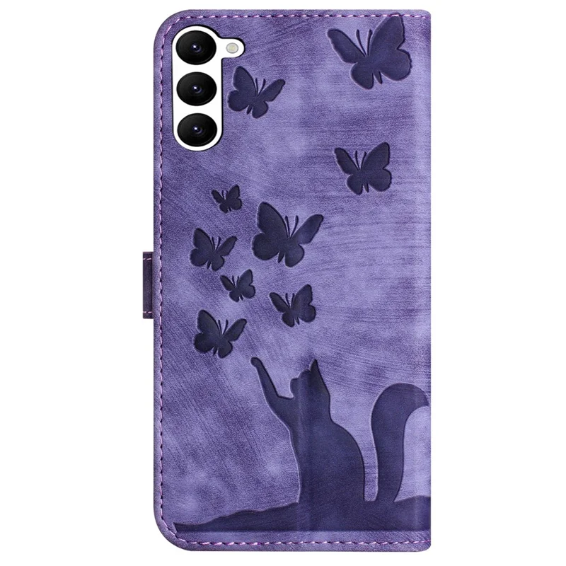 For Samsung Galaxy S23 Case Butterfly Cat Imprinting Leather Folio Phone Cover - Purple