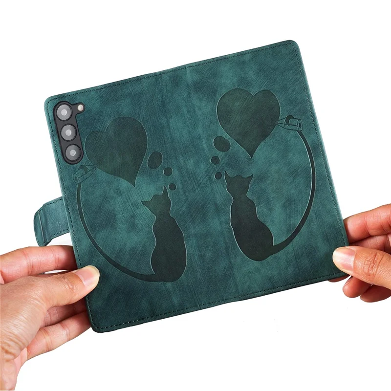 For Samsung Galaxy S23 Phone Case Cute Cat Imprint PU Leather Wallet Flip Cover - Green