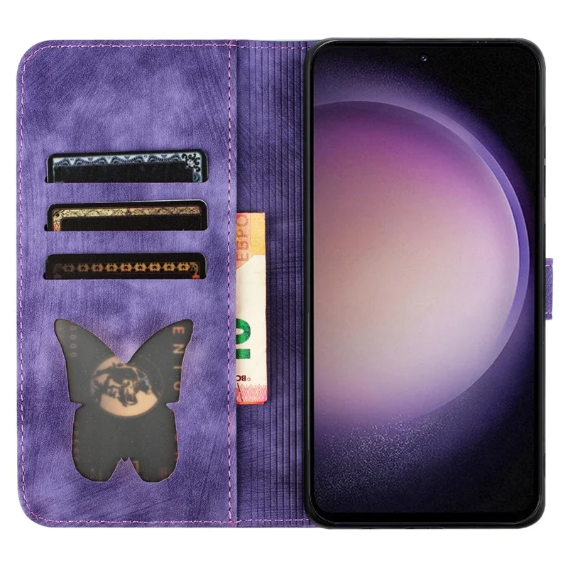 For Samsung Galaxy S25+ / S24+ Case Butterfly Cat Imprint Leather Phone Cover with Wallet Stand - Purple
