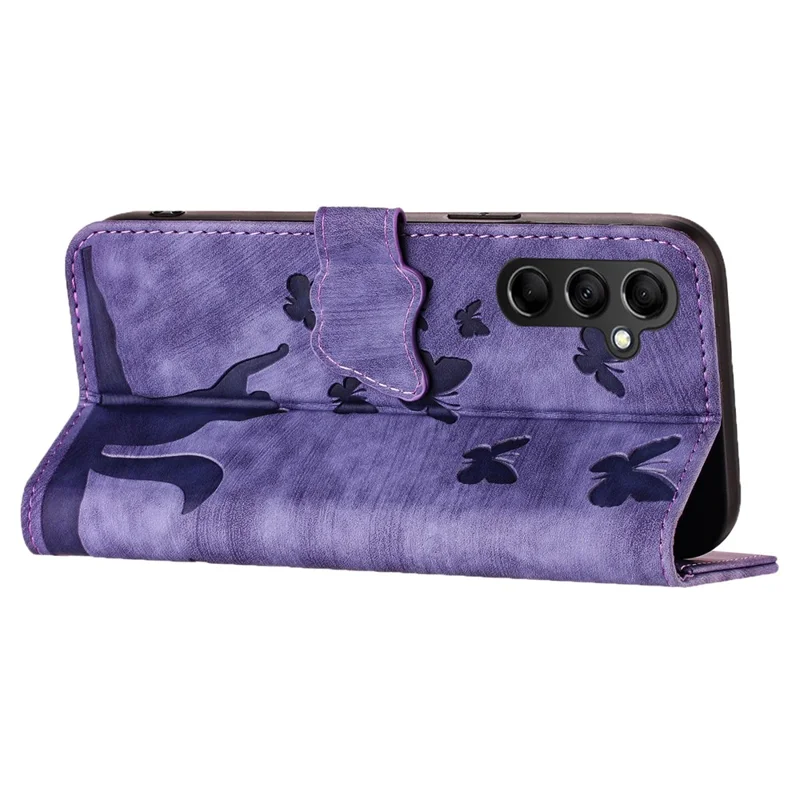 For Samsung Galaxy S25+ / S24+ Case Butterfly Cat Imprint Leather Phone Cover with Wallet Stand - Purple