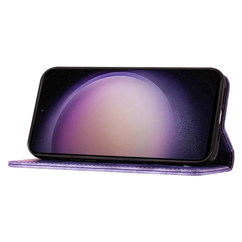 For Samsung Galaxy S25+ / S24+ Case Butterfly Cat Imprint Leather Phone Cover with Wallet Stand - Purple