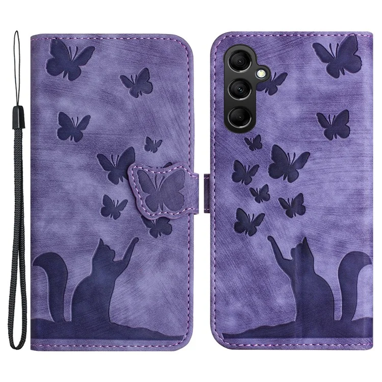For Samsung Galaxy A34 5G Leather Case Butterfly Cat Pattern Phone Wallet Cover - Purple