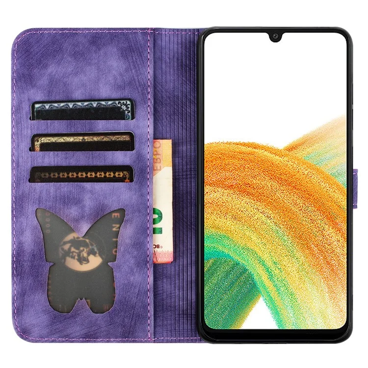 For Samsung Galaxy A34 5G Leather Case Butterfly Cat Pattern Phone Wallet Cover - Purple