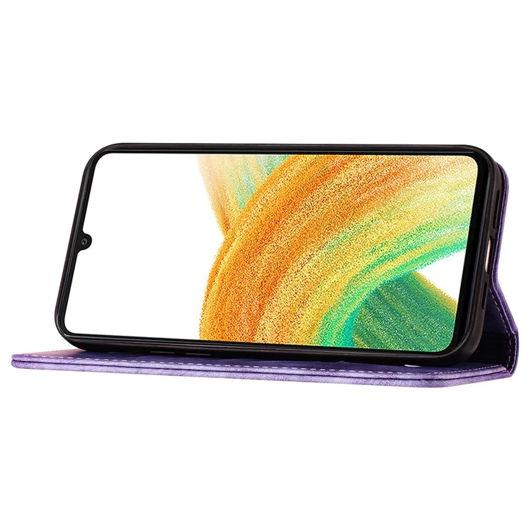 For Samsung Galaxy A34 5G Leather Case Butterfly Cat Pattern Phone Wallet Cover - Purple