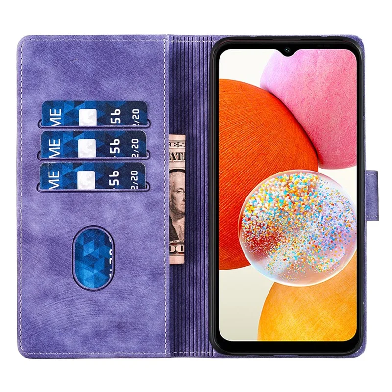 For Samsung Galaxy A14 5G / 4G Case Cat Heart Pattern PU Leather Flip Phone Cover - Purple